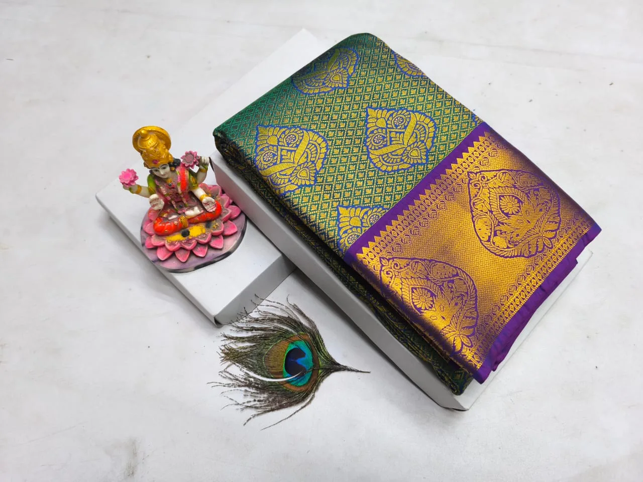 Bottle Green with Violet Purple Mango Butta Kanchipuram Silk Saree